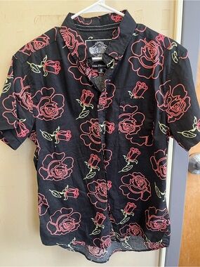Five points industries NYC black Short-Sleeve Button-Up Shirt w/ Red Rose Print